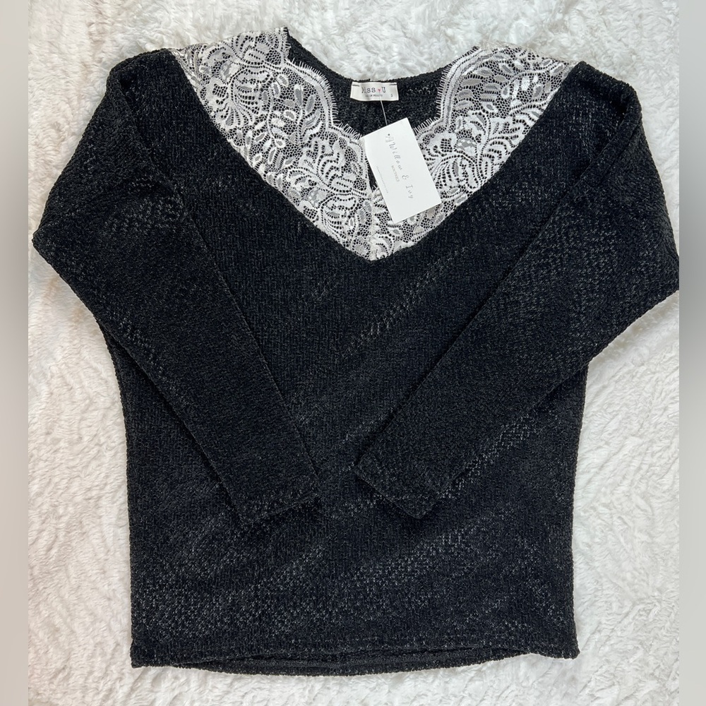 NWT! Black Sweater with White Lace Accent